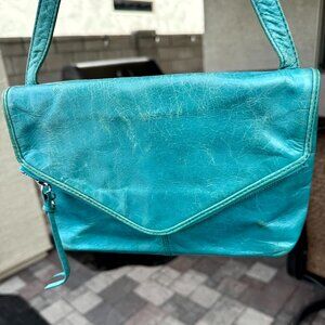 HOBO Turquoise Leather Crossbody Shoulder Purse Zipper Flap Distressed